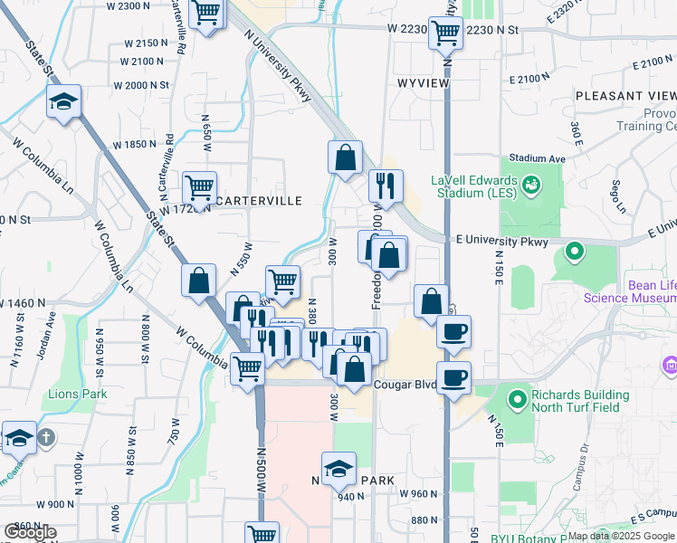 map of restaurants, bars, coffee shops, grocery stores, and more near 1520 North 300 West in Provo