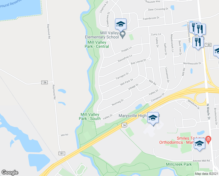 map of restaurants, bars, coffee shops, grocery stores, and more near 1060 Mill Park Drive in Marysville