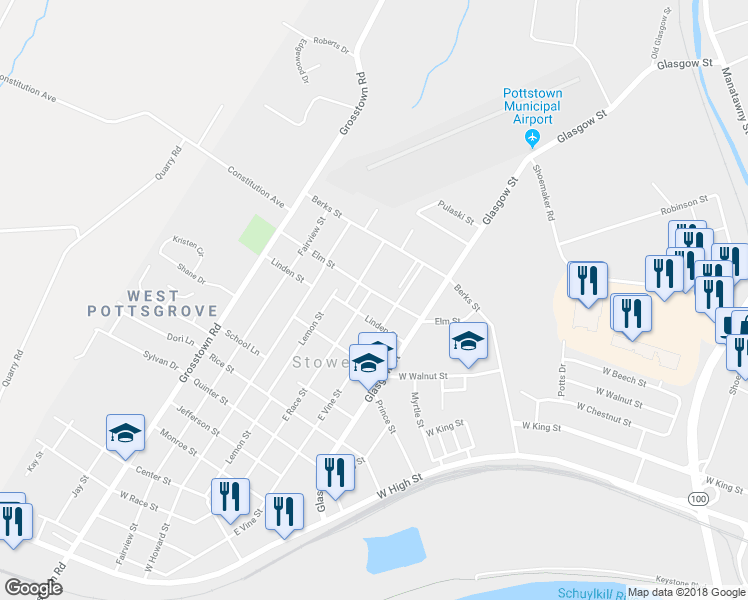 map of restaurants, bars, coffee shops, grocery stores, and more near 125 Elm Street in Stowe