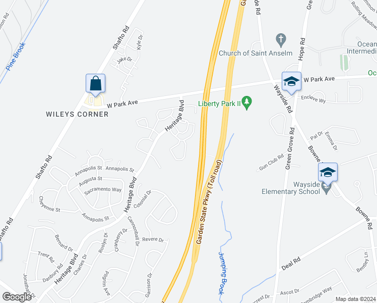 map of restaurants, bars, coffee shops, grocery stores, and more near 58 Des Moines Court in Tinton Falls