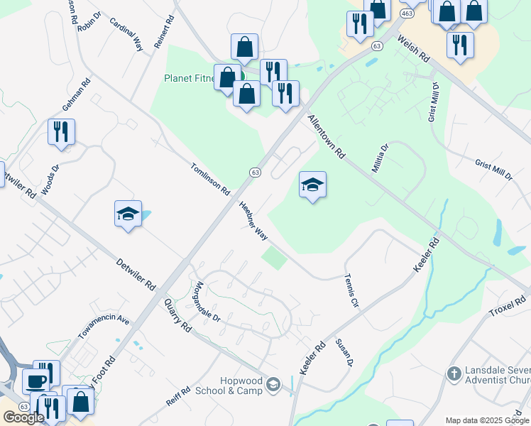 map of restaurants, bars, coffee shops, grocery stores, and more near 702 Patricia Way in Lansdale