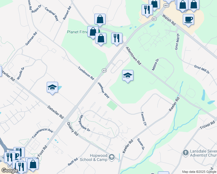 map of restaurants, bars, coffee shops, grocery stores, and more near 702 Patricia Way in Lansdale