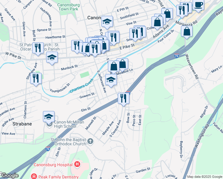 map of restaurants, bars, coffee shops, grocery stores, and more near 230 South Central Avenue in Canonsburg
