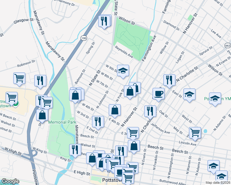 map of restaurants, bars, coffee shops, grocery stores, and more near 35 East 6th Street in Pottstown
