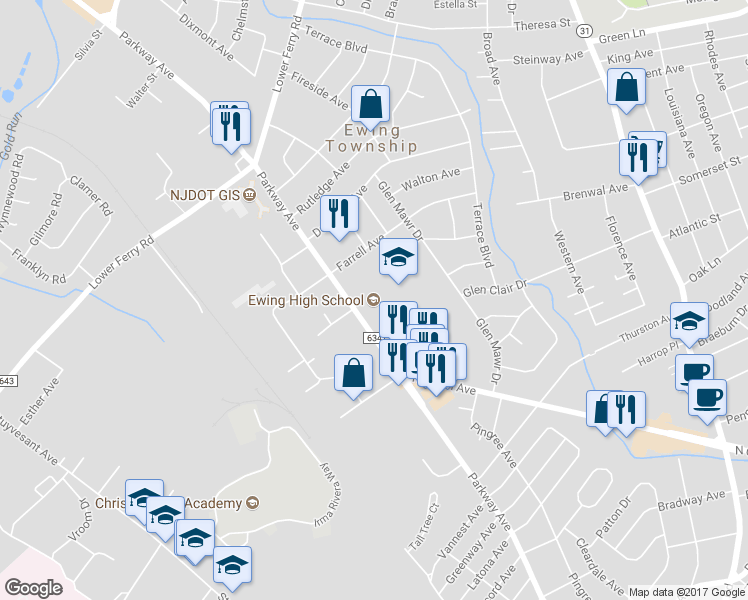 map of restaurants, bars, coffee shops, grocery stores, and more near 900 Parkway Avenue in Ewing Township