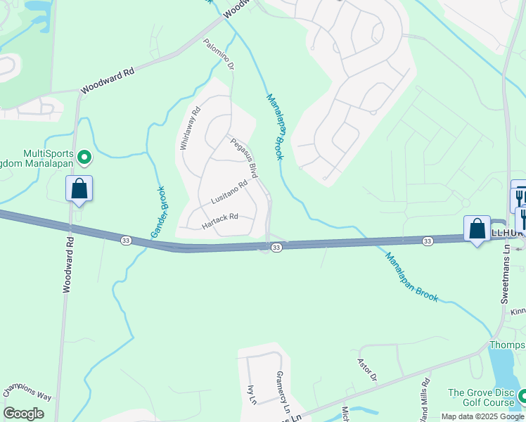 map of restaurants, bars, coffee shops, grocery stores, and more near 20 Silver Charm Road in Manalapan Township