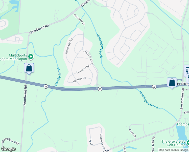 map of restaurants, bars, coffee shops, grocery stores, and more near 20 Silver Charm Road in Manalapan Township