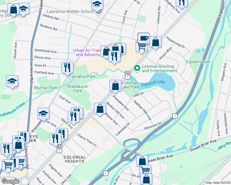map of restaurants, bars, coffee shops, grocery stores, and more near 762 President Avenue in Lawrence Township