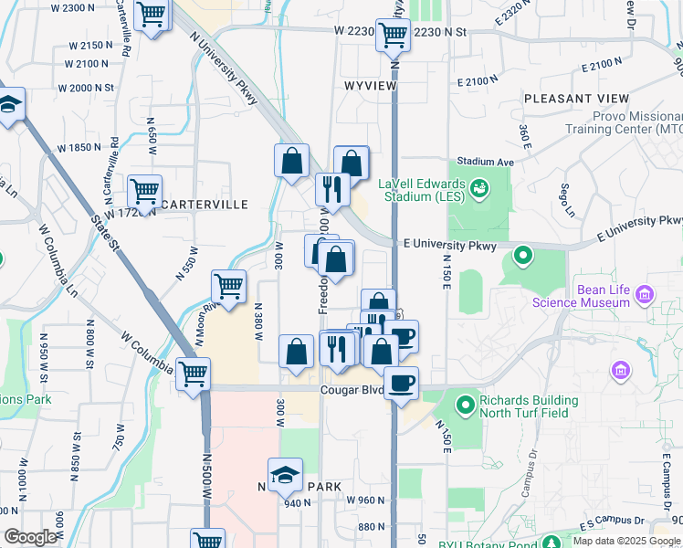 map of restaurants, bars, coffee shops, grocery stores, and more near 1476 Freedom Boulevard 200 West in Provo