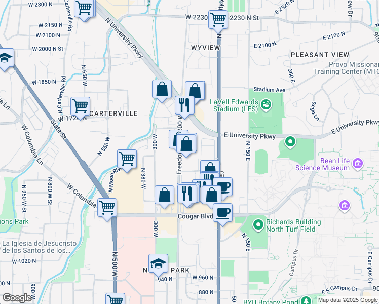 map of restaurants, bars, coffee shops, grocery stores, and more near 1550 North Freedom Boulevard in Provo