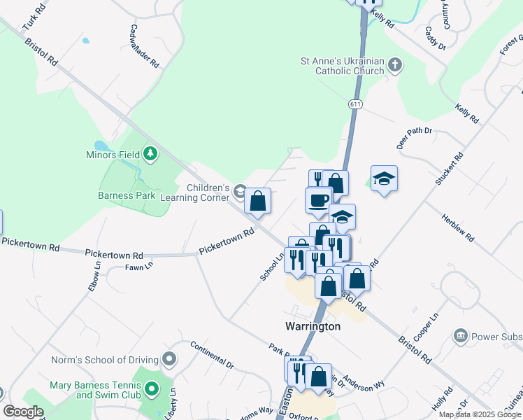 map of restaurants, bars, coffee shops, grocery stores, and more near 2521 Bristol Road in Warrington
