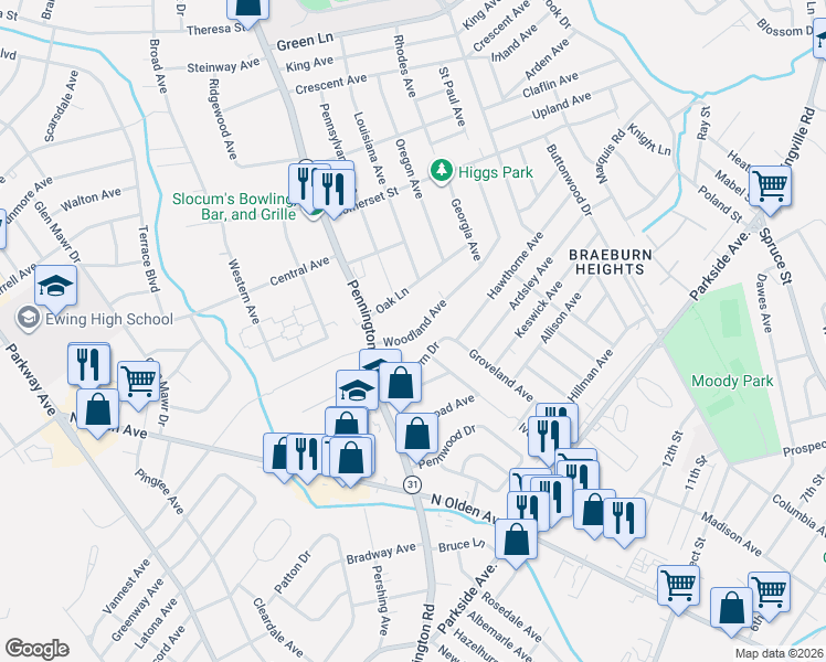 map of restaurants, bars, coffee shops, grocery stores, and more near 6-8 Braeburn Drive in Ewing Township