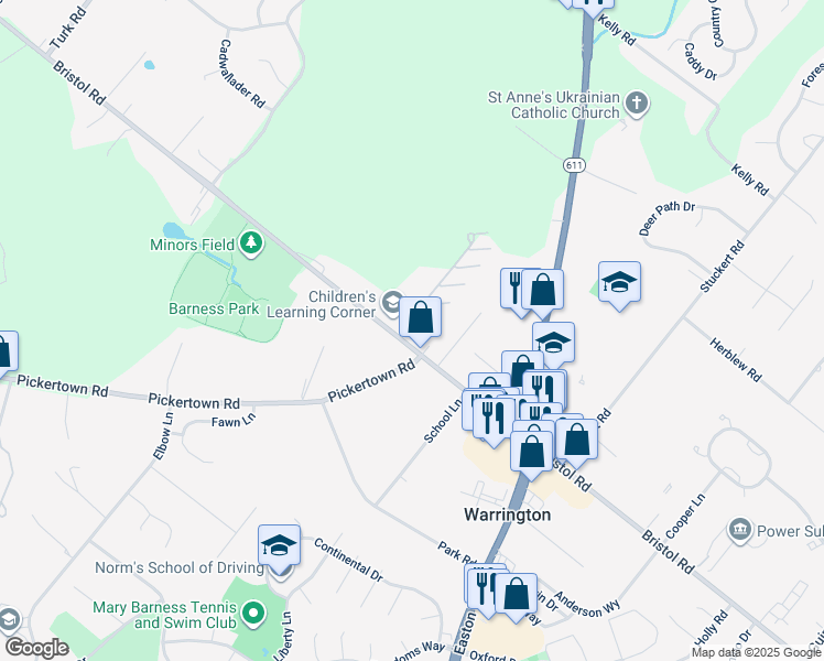 map of restaurants, bars, coffee shops, grocery stores, and more near 100 Beech Boulevard in Warrington