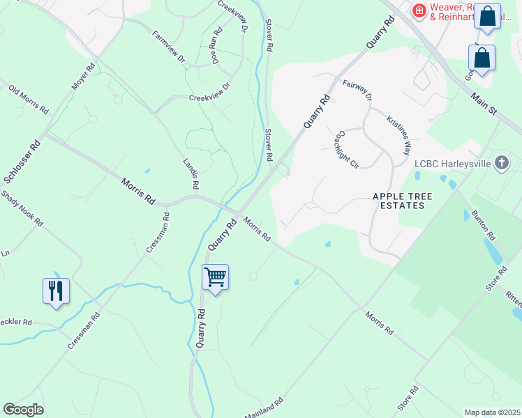 map of restaurants, bars, coffee shops, grocery stores, and more near 189 Morris Road in Harleysville
