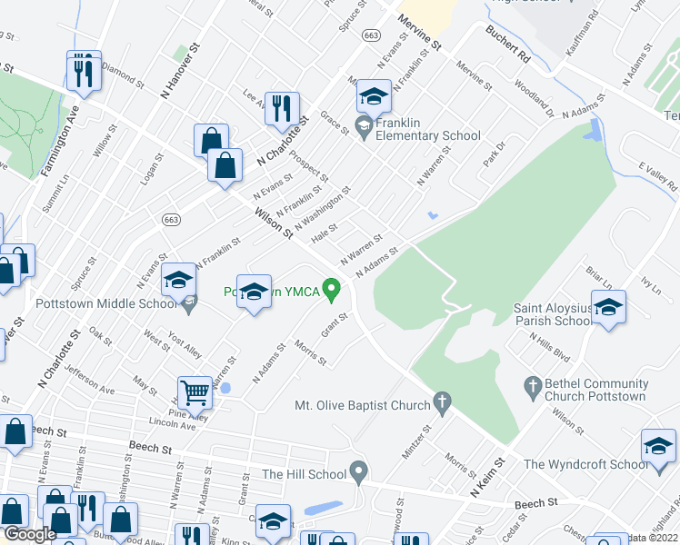 map of restaurants, bars, coffee shops, grocery stores, and more near 631 Wilson Street in Pottstown