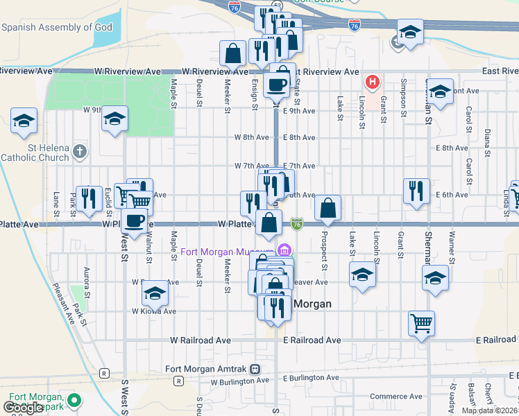 map of restaurants, bars, coffee shops, grocery stores, and more near 612 Ensign Street in Fort Morgan