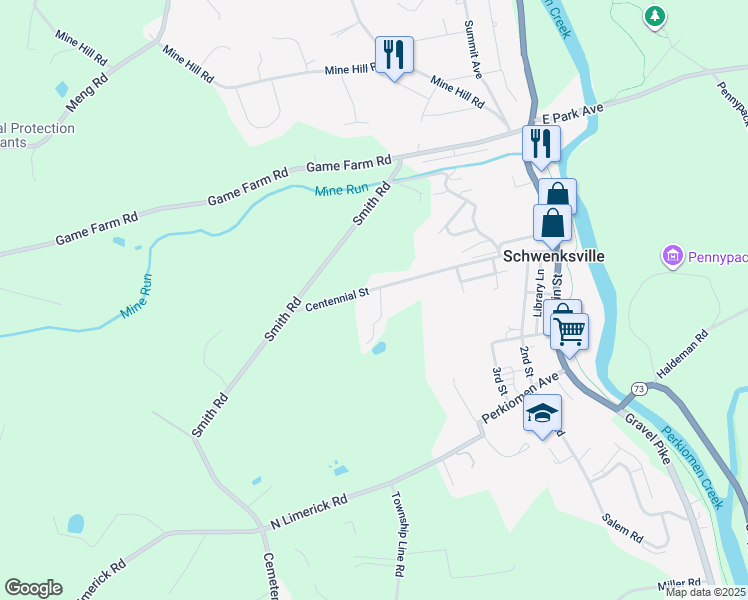 map of restaurants, bars, coffee shops, grocery stores, and more near 519 Centennial Street in Schwenksville