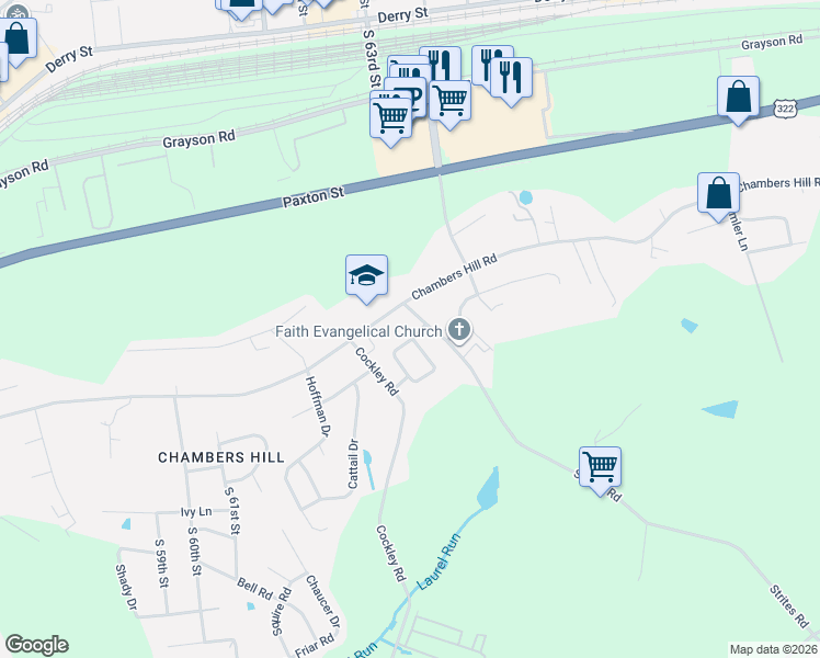 map of restaurants, bars, coffee shops, grocery stores, and more near 6511 Chambers Hill Road in Harrisburg