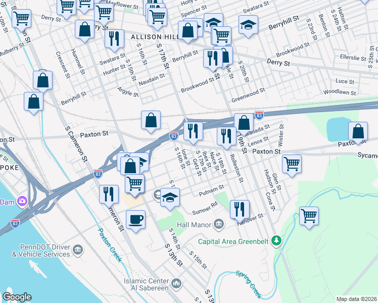 map of restaurants, bars, coffee shops, grocery stores, and more near 1620 Paxton Street in Harrisburg