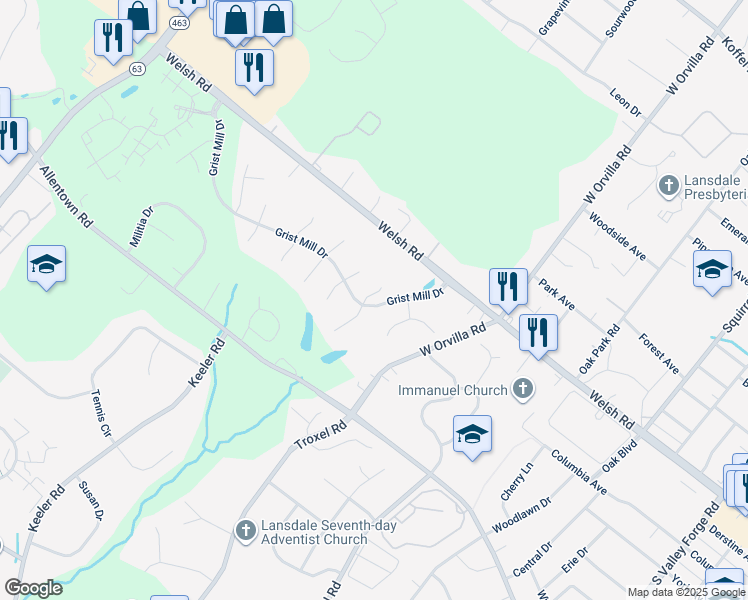 map of restaurants, bars, coffee shops, grocery stores, and more near 431 Sailmaker Way in Lansdale