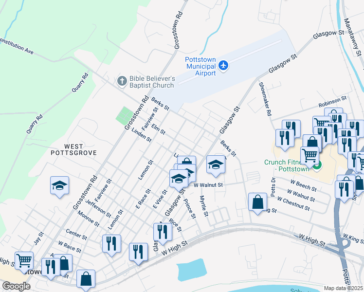 map of restaurants, bars, coffee shops, grocery stores, and more near 125 Elm Street in Stowe