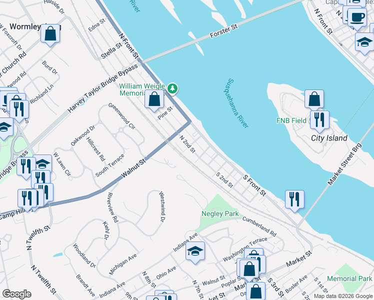 map of restaurants, bars, coffee shops, grocery stores, and more near 107 North River Street in Wormleysburg
