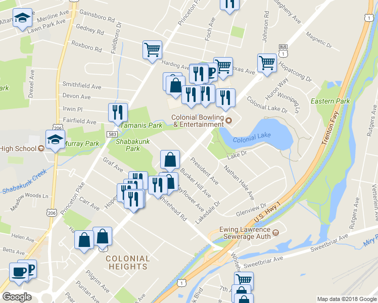 map of restaurants, bars, coffee shops, grocery stores, and more near 2249 Brunswick Avenue in Lawrence Township