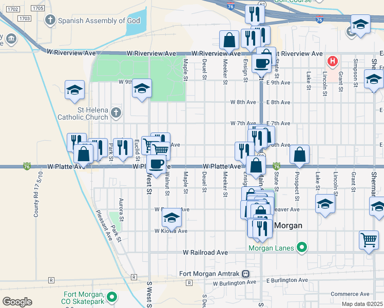 map of restaurants, bars, coffee shops, grocery stores, and more near 431 West 6th Avenue in Fort Morgan