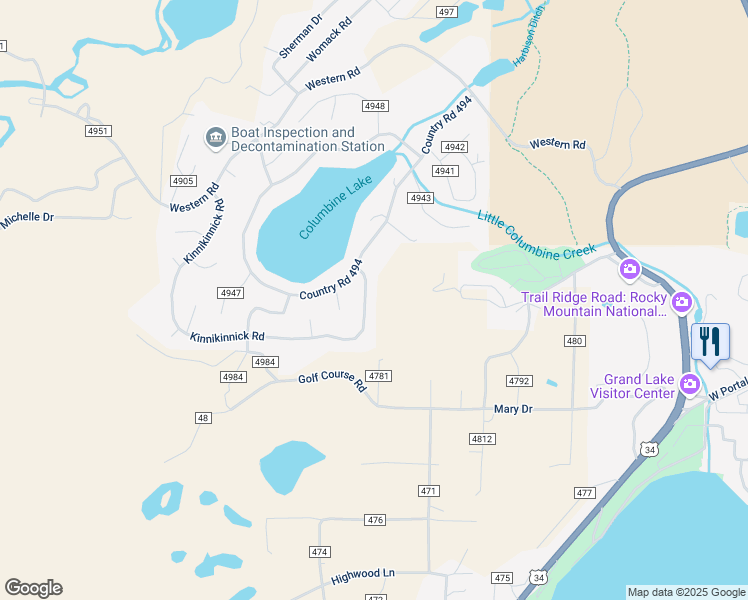 map of restaurants, bars, coffee shops, grocery stores, and more near 941 County Road 4980 in Grand Lake