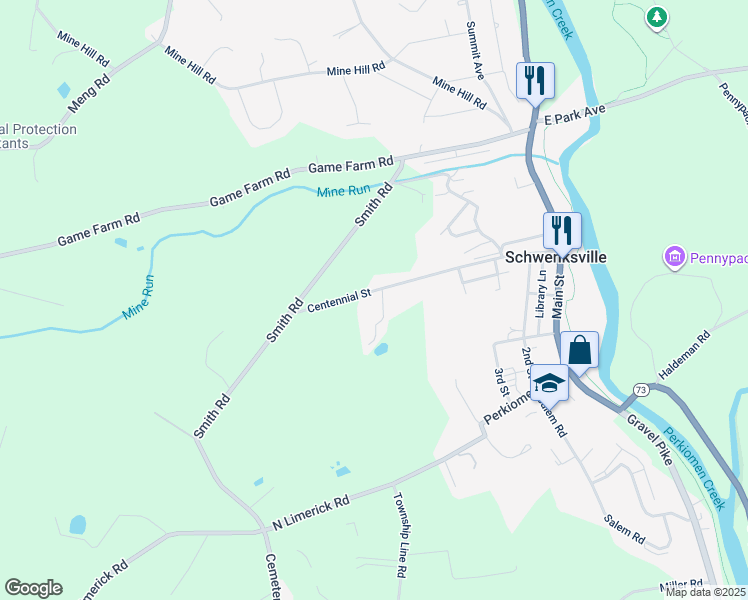 map of restaurants, bars, coffee shops, grocery stores, and more near 519 Centennial Street in Schwenksville
