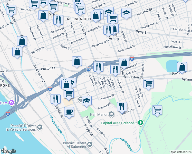 map of restaurants, bars, coffee shops, grocery stores, and more near 1620 Paxton Street in Harrisburg