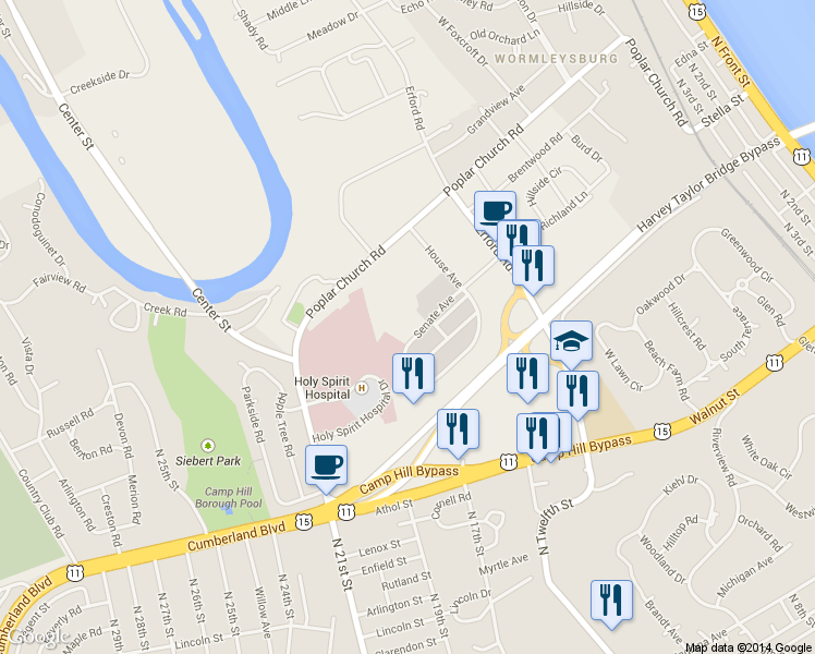 map of restaurants, bars, coffee shops, grocery stores, and more near 10 House Avenue in Camp Hill