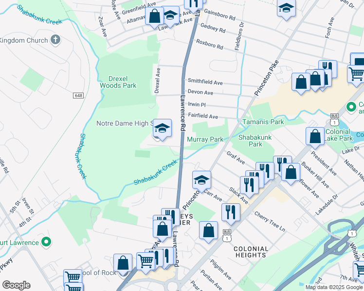 map of restaurants, bars, coffee shops, grocery stores, and more near 601 Lawrenceville Road in Lawrence Township
