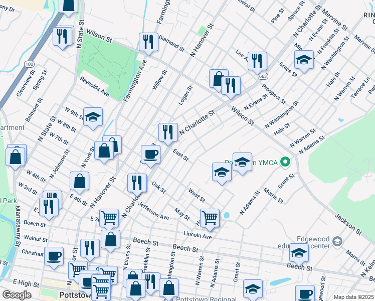 map of restaurants, bars, coffee shops, grocery stores, and more near 612 North Evans Street in Pottstown