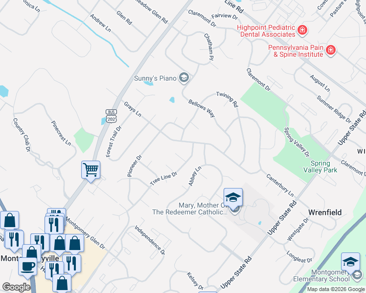 map of restaurants, bars, coffee shops, grocery stores, and more near 207 Grays Lane in Lansdale