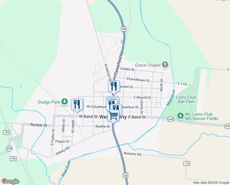map of restaurants, bars, coffee shops, grocery stores, and more near 319 North Detroit Street in West Liberty