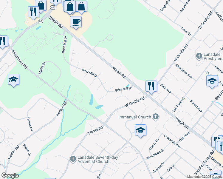 map of restaurants, bars, coffee shops, grocery stores, and more near 431 Sailmaker Way in Lansdale