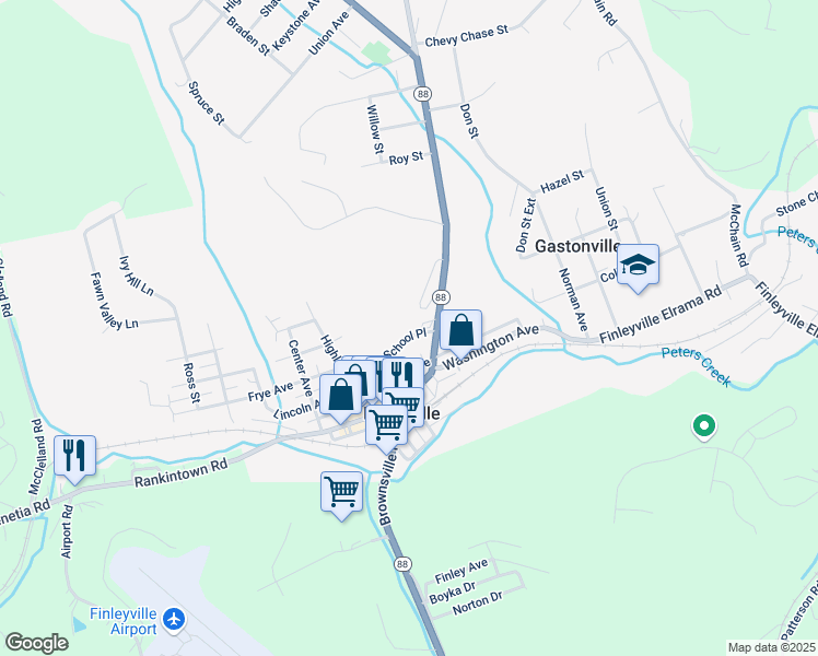 map of restaurants, bars, coffee shops, grocery stores, and more near 6023 Pennsylvania 88 in Finleyville