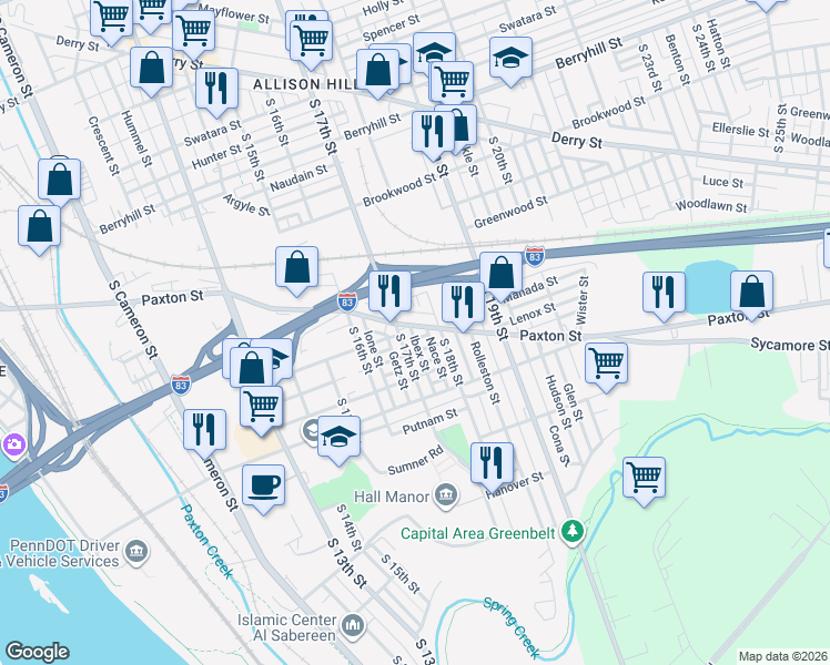 map of restaurants, bars, coffee shops, grocery stores, and more near in Harrisburg