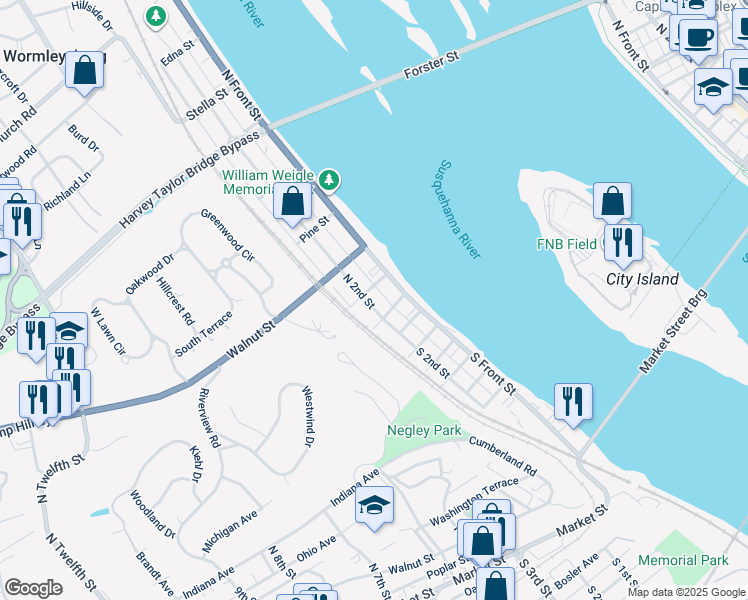 map of restaurants, bars, coffee shops, grocery stores, and more near 17 North 2nd Street in Wormleysburg