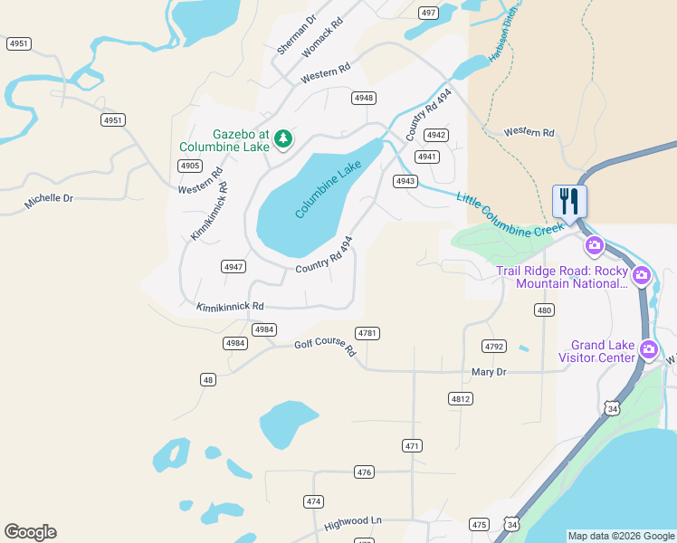 map of restaurants, bars, coffee shops, grocery stores, and more near 26 Jerico Road in Grand Lake