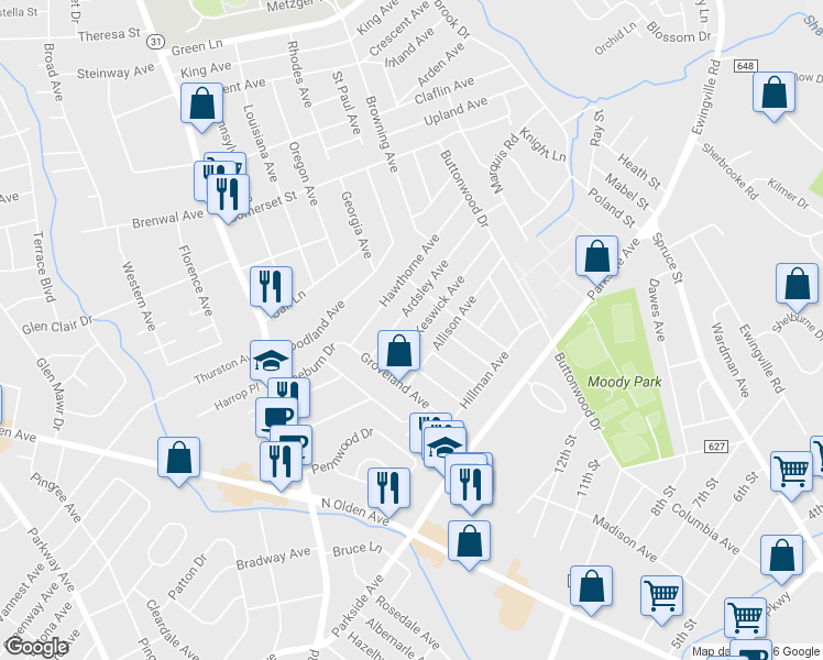 map of restaurants, bars, coffee shops, grocery stores, and more near 24 Keswick Avenue in Ewing Township