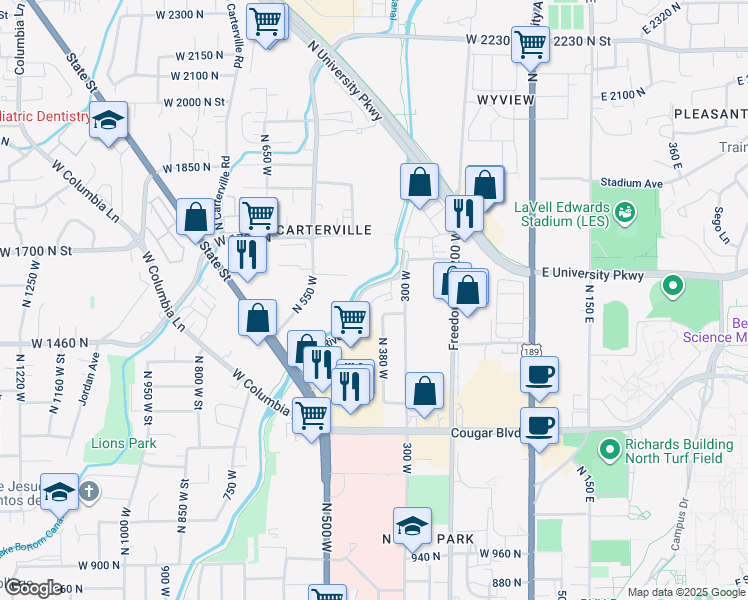 map of restaurants, bars, coffee shops, grocery stores, and more near 425 West 1720 North in Provo