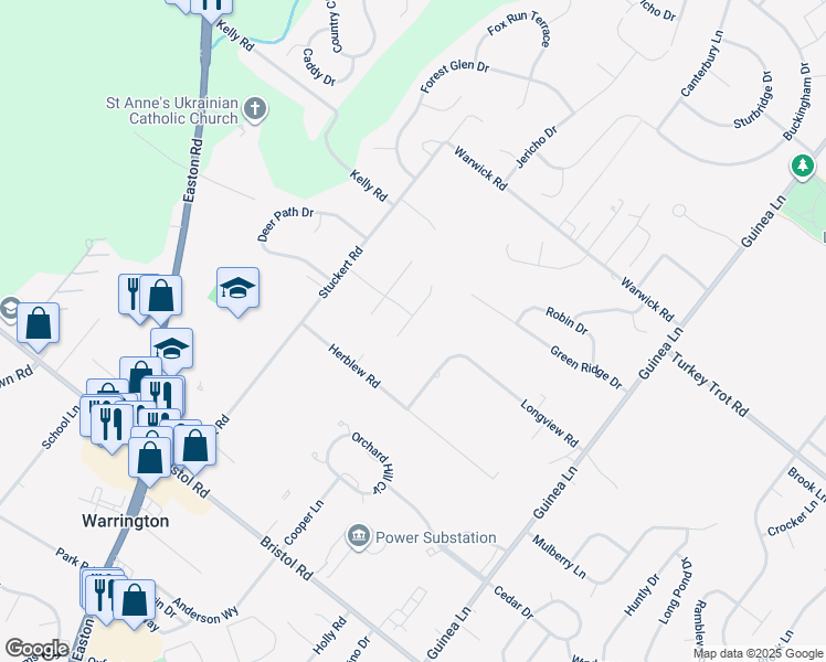 map of restaurants, bars, coffee shops, grocery stores, and more near 1529 Hidden Court in Warrington