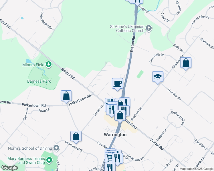 map of restaurants, bars, coffee shops, grocery stores, and more near Douglas Fir Drive in Warrington