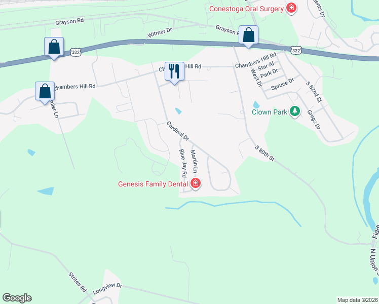 map of restaurants, bars, coffee shops, grocery stores, and more near 725 Cardinal Drive in Harrisburg