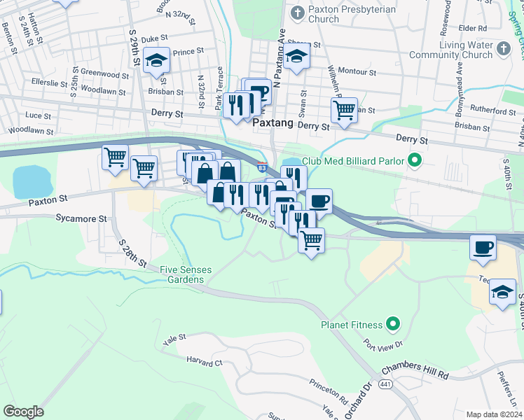map of restaurants, bars, coffee shops, grocery stores, and more near 3300 Paxton Street in Harrisburg
