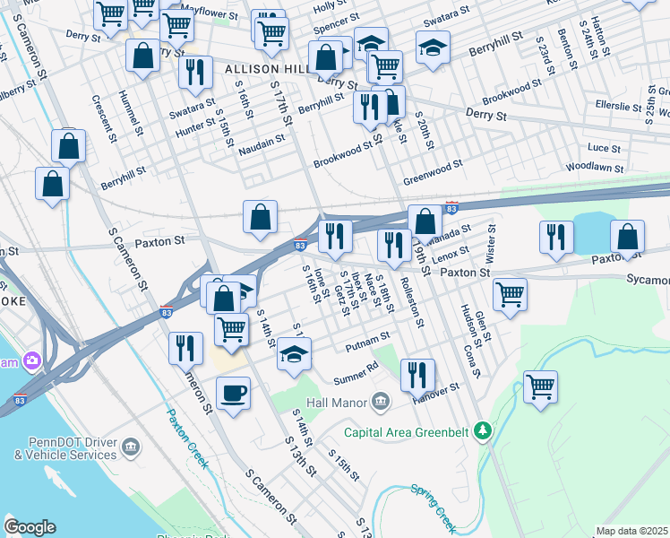 map of restaurants, bars, coffee shops, grocery stores, and more near in Harrisburg