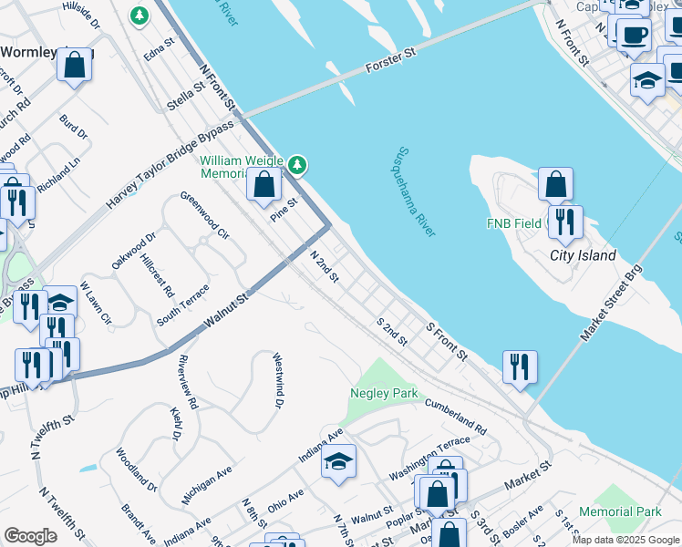 map of restaurants, bars, coffee shops, grocery stores, and more near 17 North 2nd Street in Wormleysburg
