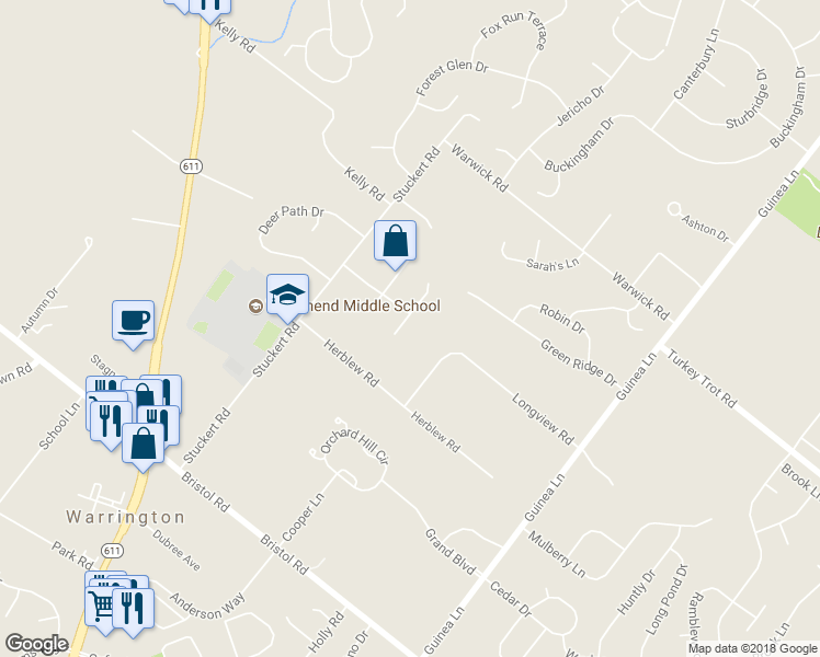 map of restaurants, bars, coffee shops, grocery stores, and more near 1529 Hidden Court in Warrington